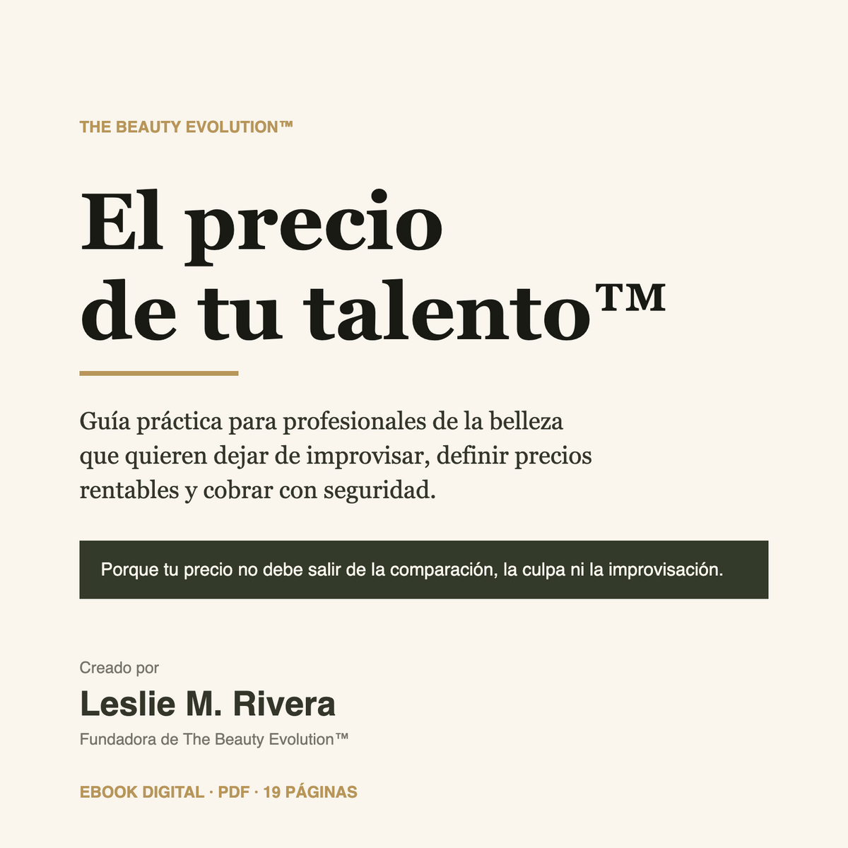 Portada del ebook El precio de tu talento de Leslie M. Rivera, guía PDF para que profesionales de la belleza definan precios rentables